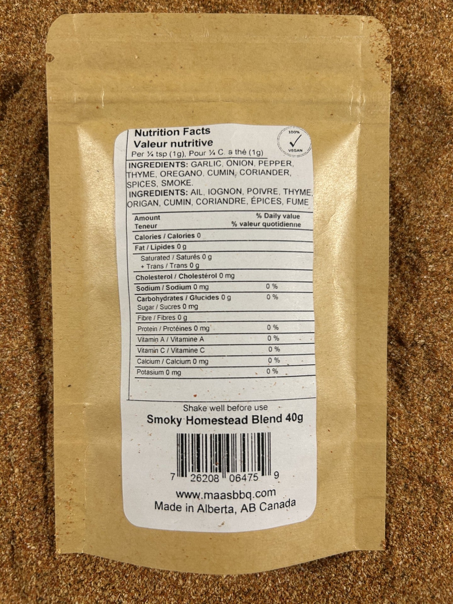 Spice blend package with nutritional label on a brown background
