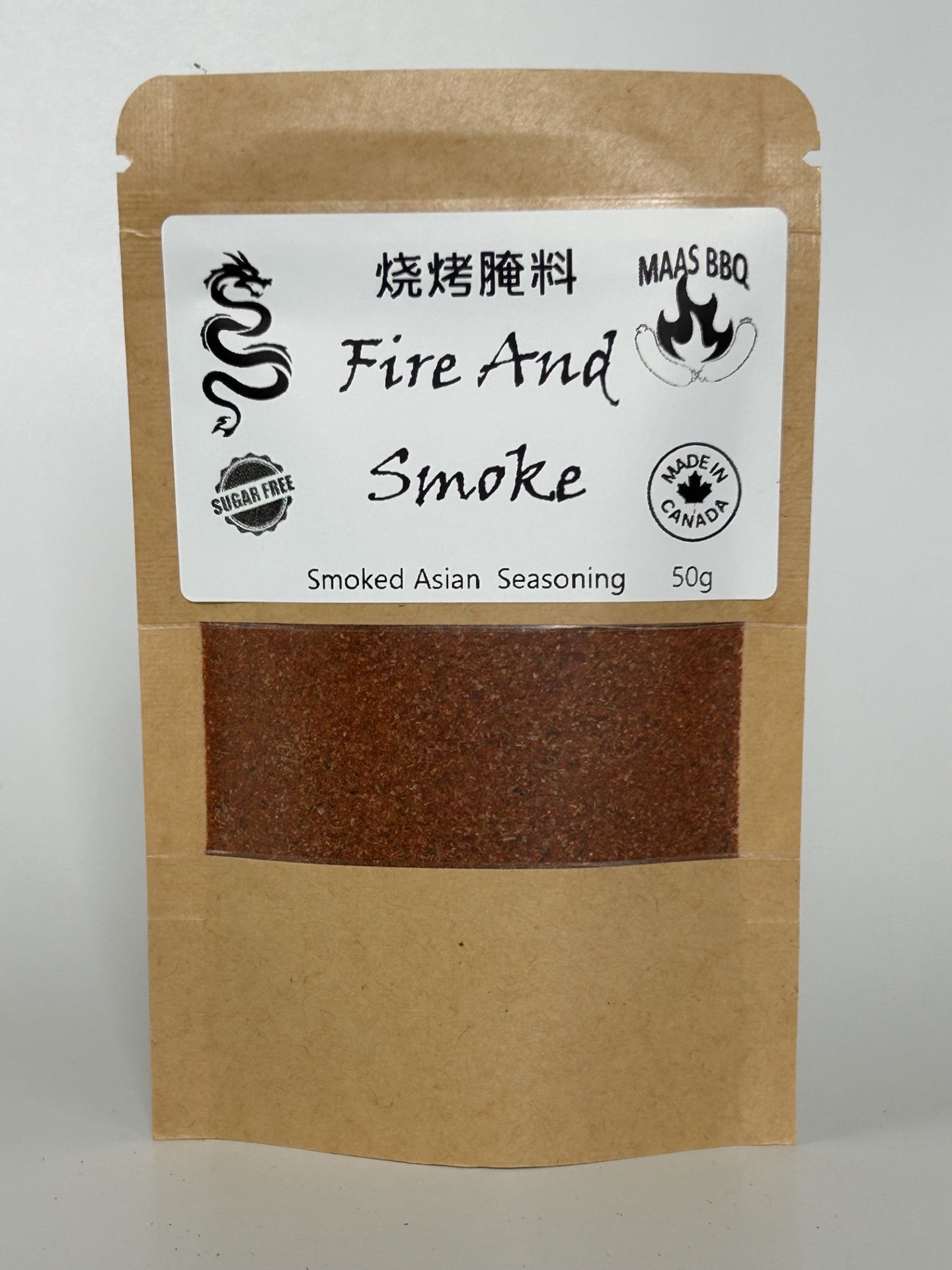 Maas BBQ “Fire And Smoke” foodie‑size 50g pack of unique, sugar‑free Smoked Asian Seasoning spice blend – a great foodie gift for cooking, recipes, and BBQ enthusiasts featuring the famous Asian flavor blend.