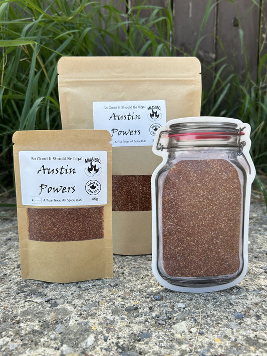 Maas BBQ Austin Powers Texas AP Spice Rub displayed in unique re-sealable mason jar pouches and traditional kraft bags. A premium Texas spice blend made in Canada.