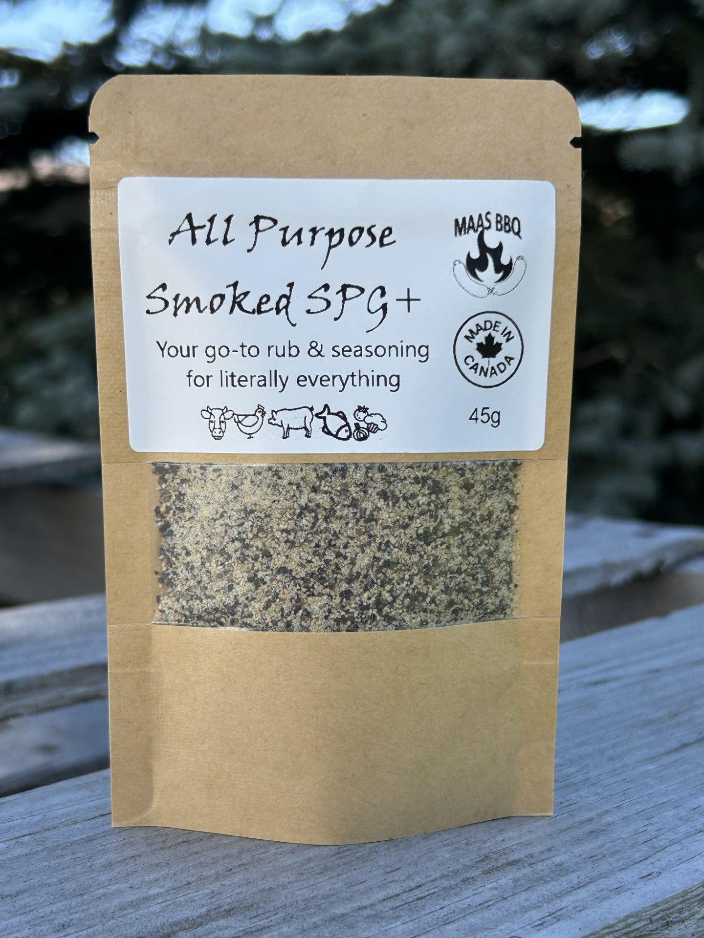 Maas BBQ All Purpose Smoked SPG+ 45g travel‑size seasoning pack, a unique Alberta Canada made BBQ rub for chefs and foodies, labeled “Your go‑to rub & seasoning for literally everything”, ideal cooking gift for traveling culinary enthusiasts.