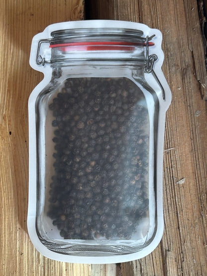 Mason Jar Bag with Maas BBQ smoked Black Peppercorns, a unique foodie gift made in Alberta Canada, perfect for cooking, BBQ recipes, and Canada’s favorite smoked spice.