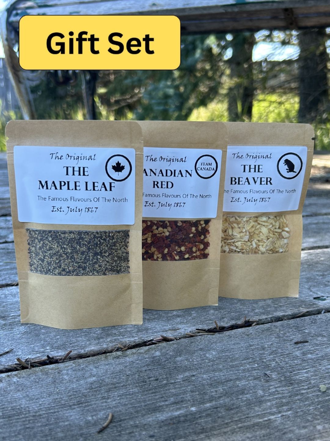 Maas BBQ Gift Pack – Unique Alberta‑Made “True North” Seasoning Trio (Maple Leaf, Canadian Red, The Beaver) – Great Foodie Gift for Cooking & BBQ Recipes. Three brown kraft bags of Maas BBQ seasoning blends made in Alberta Canada – “The Maple Leaf”, “Canadian Red”, and “The Beaver” – a unique True North foodie gift pack for cooking, BBQ recipes, and great culinary gifts.