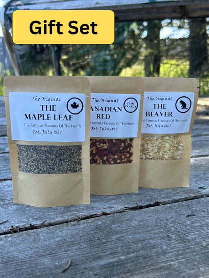 Maas BBQ Gift Pack – Unique Alberta‑Made “True North” Seasoning Trio (Maple Leaf, Canadian Red, The Beaver) – Great Foodie Gift for Cooking & BBQ Recipes. Three brown kraft bags of Maas BBQ seasoning blends made in Alberta Canada – “The Maple Leaf”, “Canadian Red”, and “The Beaver” – a unique True North foodie gift pack for cooking, BBQ recipes, and great culinary gifts.