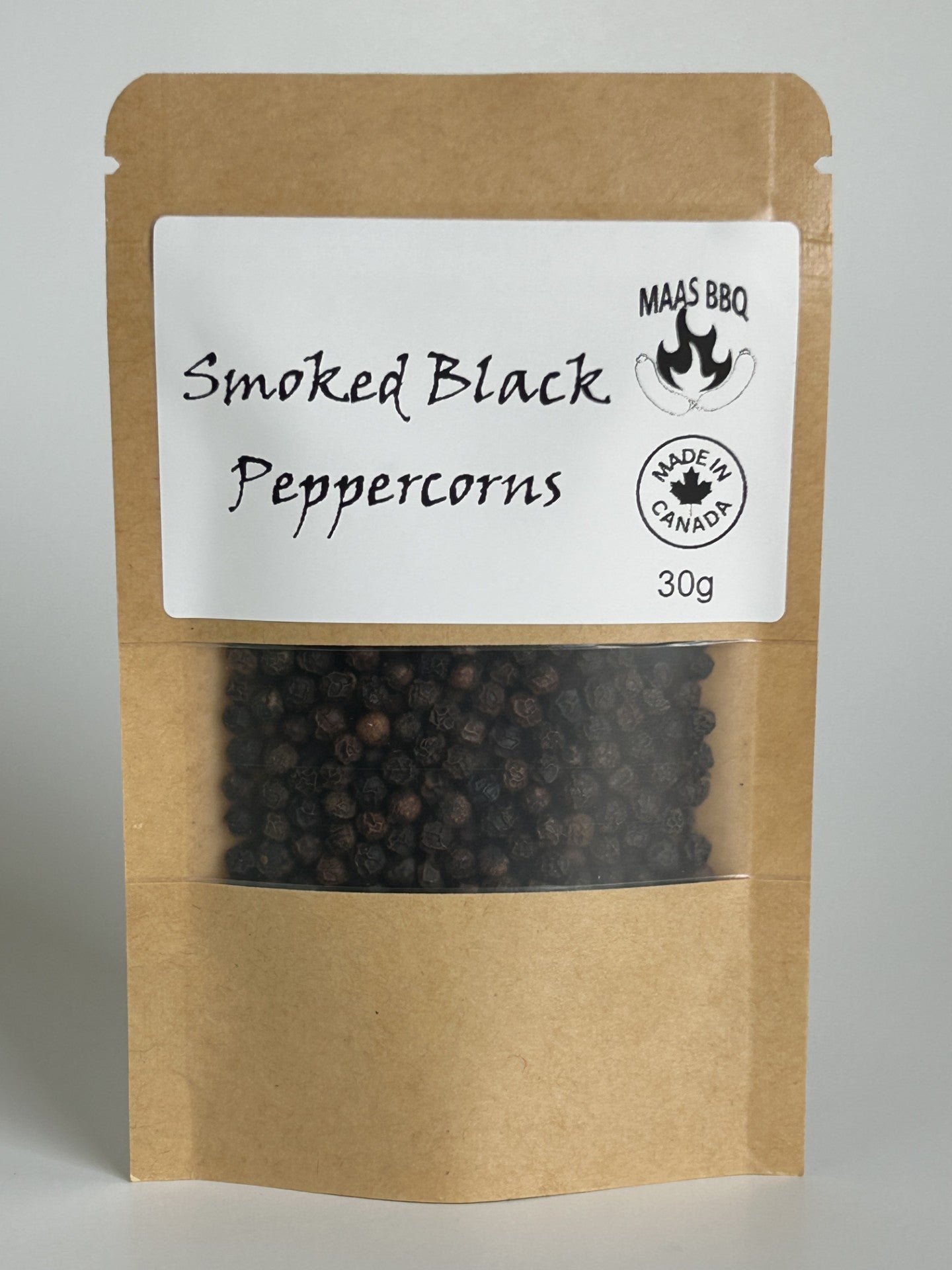 Maas BBQ High Altitude Smoked Black Peppercorns, a premium 30g pack of smoked black pepper grains made in Alberta, Canada, ideal for chefs and foodies seeking unique flavors in BBQ, cooking, and gourmet gifts; perfect for seasoning meats, sauces, and high‑end culinary dishes with executive‑quality smoked black pepper. Unique Alberta‑Made High‑End Smoked Black Pepper for Chefs & Foodies | BBQ, Cooking, Gift, Unique Flavors