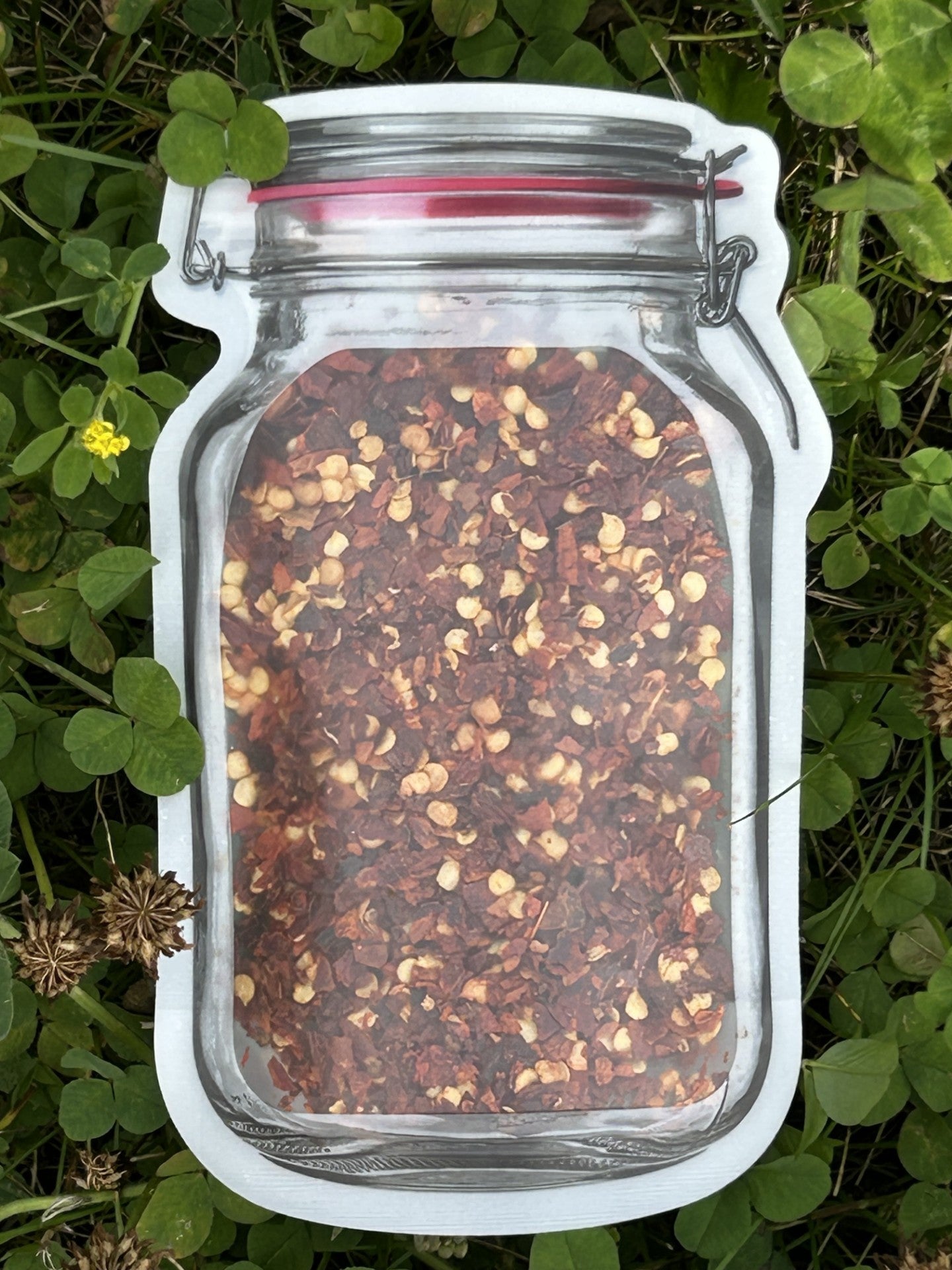A unique mason jar‑shaped pouch of Maas BBQ Premium Smoked Red Pepper Flakes, showcasing the vibrant red flakes against a backdrop of green clover. This gourmet smoked spice, made in Alberta, Canada, is Canada's favorite for adding unique heat and smoky flavor to foodie cooking, BBQ, and diverse recipes, making it a great gift and pizza topping. 