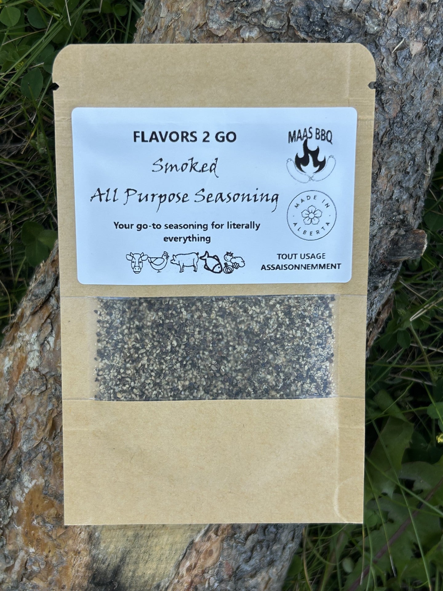 Maas BBQ Smoked All Purpose Seasoning – Unique Travel‑Size SPG Seasoning Pack for Camping Foodie Adventures, Perfect Chef Gift for Cooking on the Go. Brown kraft packaging of Maas BBQ Smoked All Purpose Seasoning, a unique travel‑size SPG seasoning pack labeled 'Flavors 2 Go' with 'Made in Alberta' logo, ideal for camping foodie cooking and chef gifts. Made in Alberta Canada