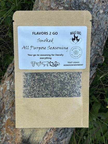 Maas BBQ Smoked All Purpose Seasoning – Unique Travel‑Size SPG Seasoning Pack for Camping Foodie Adventures, Perfect Chef Gift for Cooking on the Go. Brown kraft packaging of Maas BBQ Smoked All Purpose Seasoning, a unique travel‑size SPG seasoning pack labeled 'Flavors 2 Go' with 'Made in Alberta' logo, ideal for camping foodie cooking and chef gifts. Made in Alberta Canada
