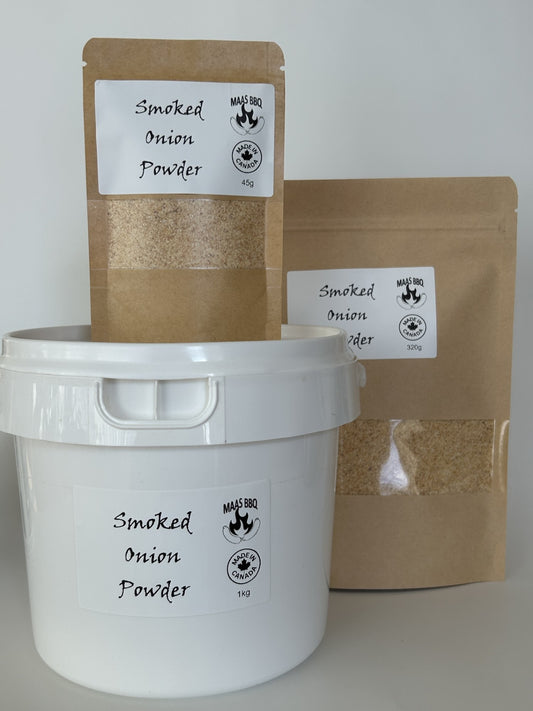 Maas BBQ Smoked Onion Powder: A gourmet culinary essential for every chef, enhancing dishes with rich, smoky flavor. Available in various sizes for professional and home kitchens. Foodie package, chefs size pouch and the professional bucket.
