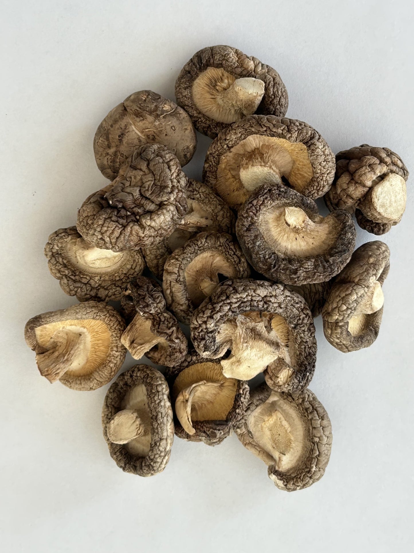 A close‑up pile of Maas BBQ Smoked Shiitake Mushrooms on a white background, showcasing their unique texture and rich, smoky color. These high‑end, gourmet smoked mushrooms, crafted in Alberta, Canada, are perfect for chefs and foodies to infuse dishes with rich, smoky umami flavors in cooking, and make an excellent executive gift.