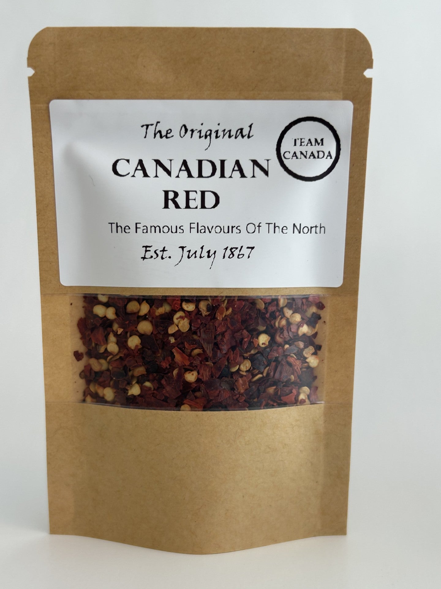 Maas BBQ Canadian Red smoked red pepper flakes gift pack, unique True North spice made in Alberta Canada, perfect foodie cooking & BBQ recipe gift, labeled “The Original Canadian Red – The Famous Flavours Of The North, Est. July 1867, Team Canada”. Boring food days are over.