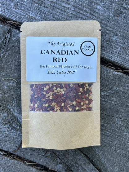 Maas BBQ Canadian Red smoked red pepper flakes gift pack, unique True North spice made in Alberta Canada, perfect foodie cooking & BBQ recipe gift, labeled “The Original Canadian Red – The Famous Flavours Of The North, Est. July 1867, Team Canada”