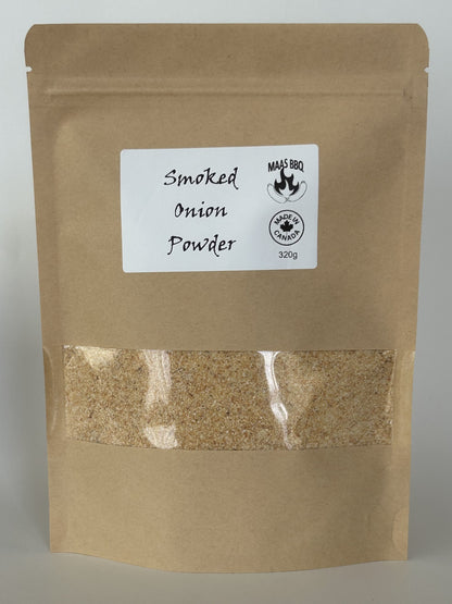 Maas BBQ Smoked Onion Powder, a 320g kraft pouch of gourmet smoked onion made in Alberta, Canada. This unique, high-end blend is perfect for chefs and foodies to enhance BBQ, cooking, and various dishes, and makes an excellent gift for culinary enthusiasts. Maas BBQ Unique Gourmet Smoked Onion Powder – High-End Alberta-Made Chef's Blend for Foodie Cooking & Gifts