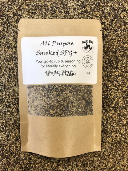 Maas BBQ All Purpose Smoked SPG+ rub in a 45g kraft pouch. Coarse salt, pepper, and garlic seasoning blend for smoking and grilling beef, chicken, pork, and fish. Made in Alberta Canada