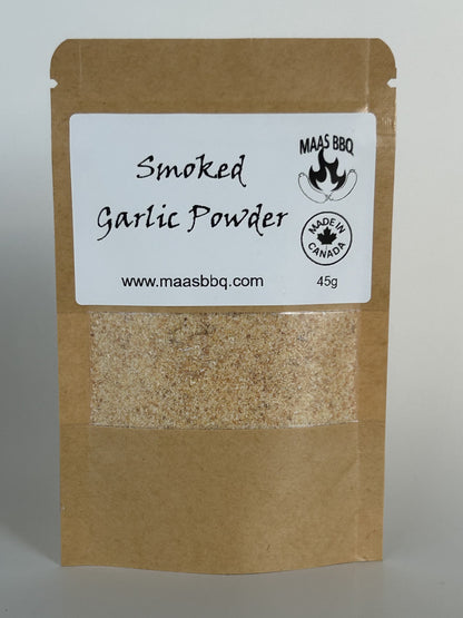 Maas BBQ exclusive, high‑end gourmet smoked garlic powder made in Alberta, Canada – a unique exclusive flavor blend for chefs and foodies to season meats, sauces, rubs, and gourmet dishes; ideal executive gift for cooking enthusiasts.