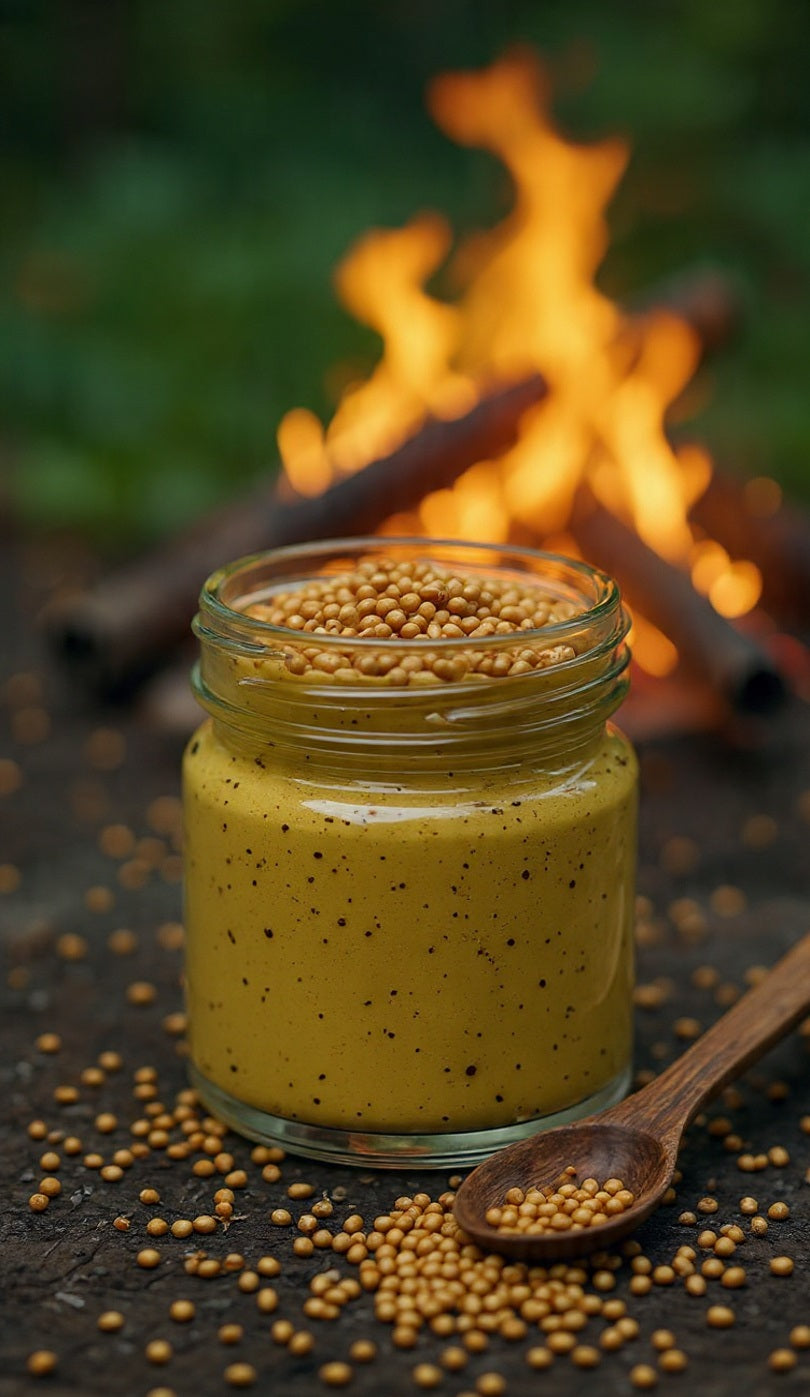 Jar of mustard with seeds and a wooden spoon on a rustic background with fire.