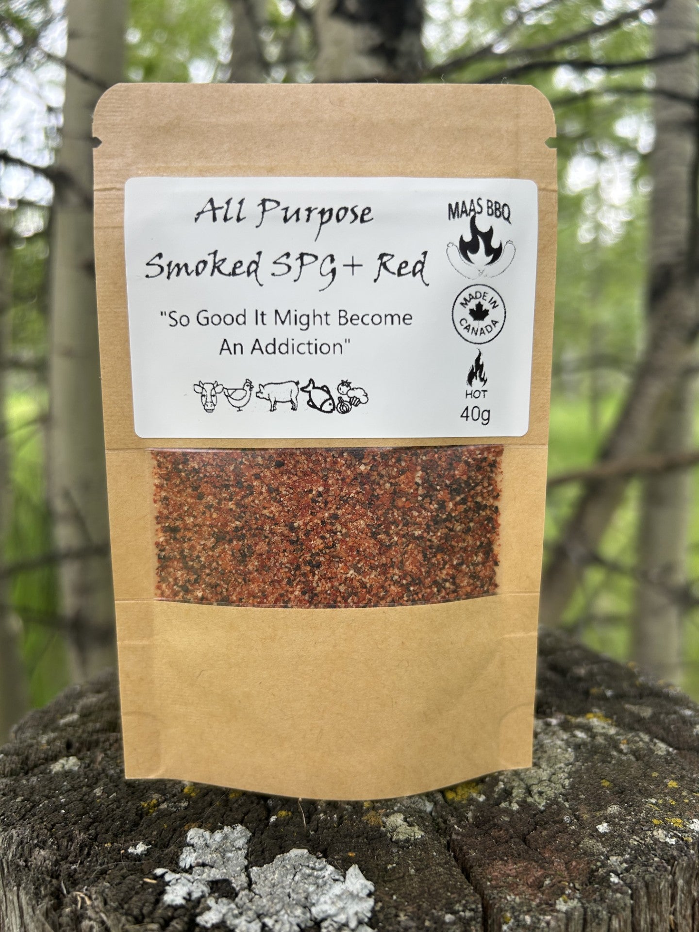 Maas BBQ Spicy All Purpose Smoked SPG+ Red seasoning displayed in unique re-sealable pouches and traditional Kraft bags. Includes close-ups of the coarse red spice texture and various packaging sizes.