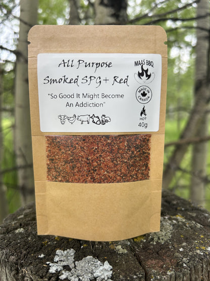 Maas BBQ Spicy All Purpose Smoked SPG+ Red seasoning displayed in unique re-sealable pouches and traditional Kraft bags. Includes close-ups of the coarse red spice texture and various packaging sizes.
